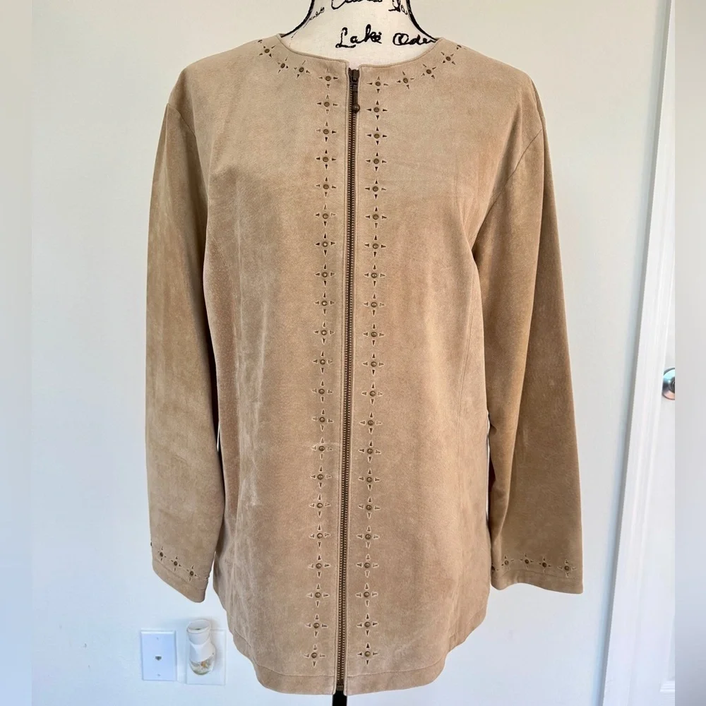 Cabela's‎ Blazer Studded Full Zip Suede Leather Tan Sz L Boho western Core